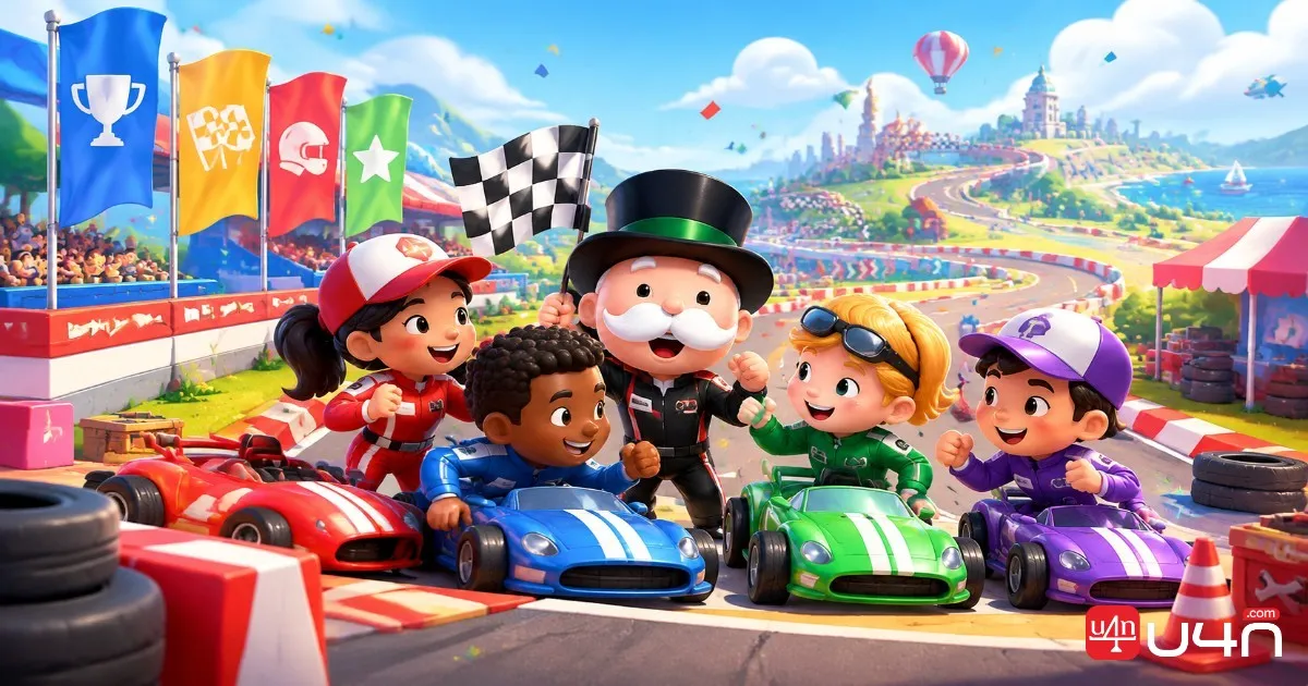 Cartoon-style cooperative racing event with teammates, colorful flags, and a winding racetrack
