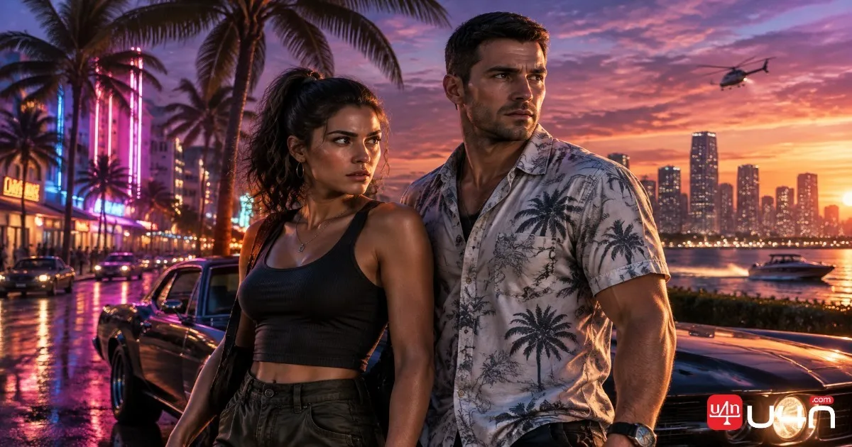 Two protagonists in a fictional modern crime-game setting, emphasizing trust and a complicated partnership