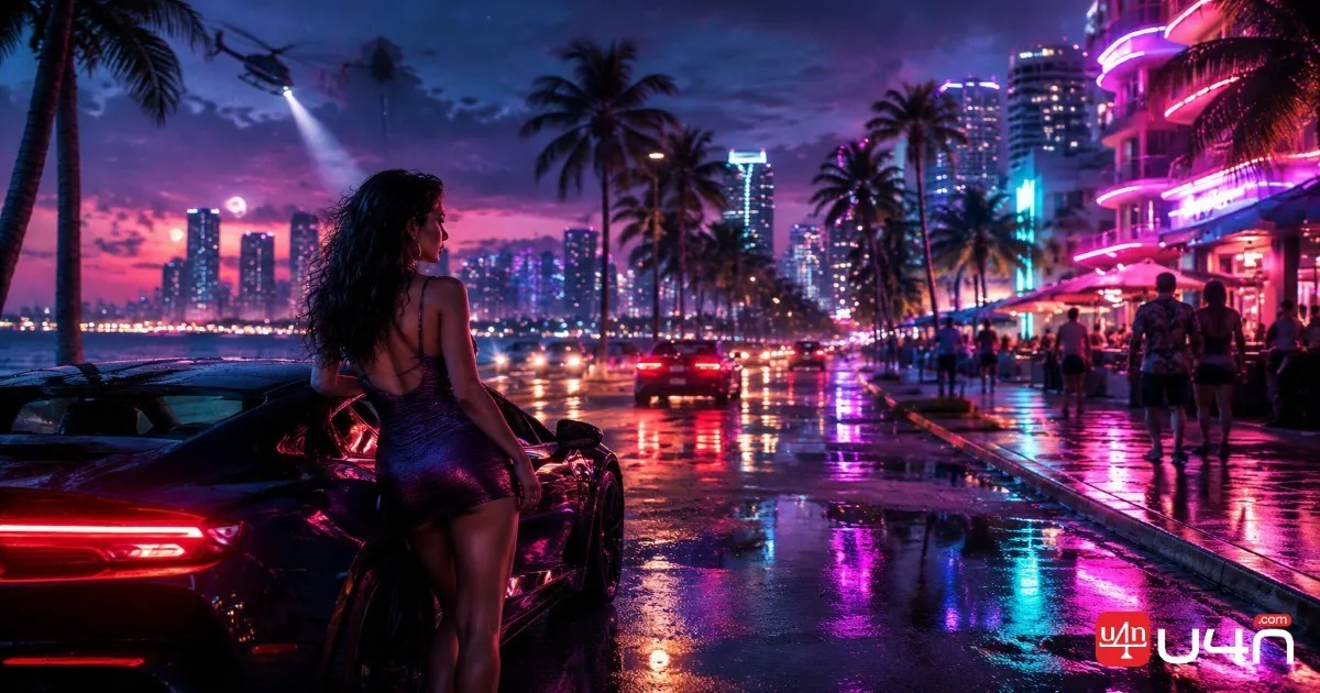 A cinematic fictional open-world city at sunset with neon reflections and atmospheric lighting