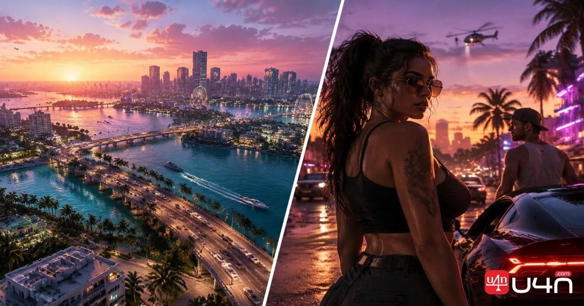 A cinematic fictional open-world city at sunset with neon reflections and atmospheric lighting