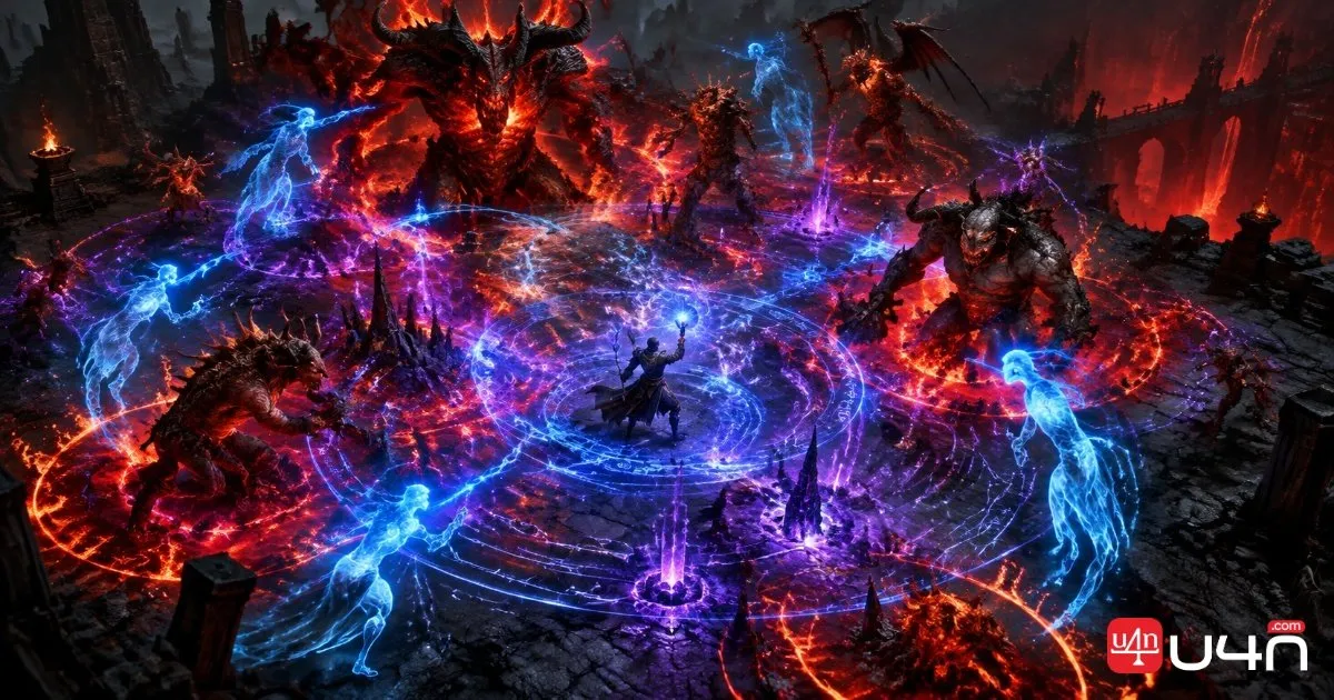 Three dark fantasy heroes using storm magic, a spiked shield, and spectral spirit attacks against powerful demons