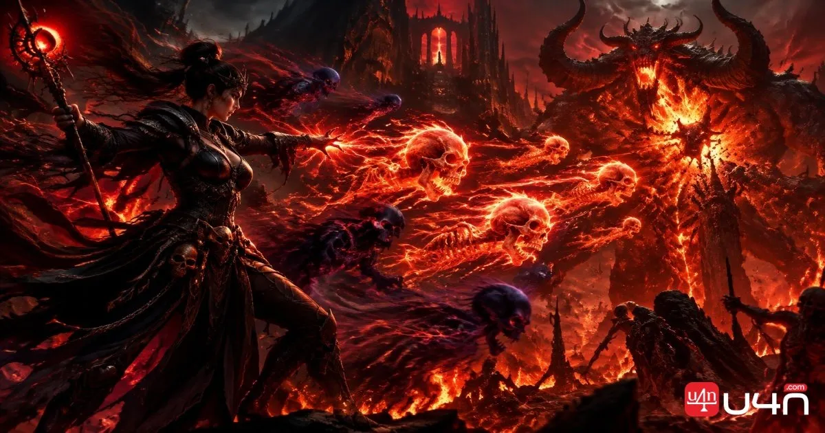 A Warlock unleashes blazing spectral skulls and infernal energy against a massive demon in a dark arena