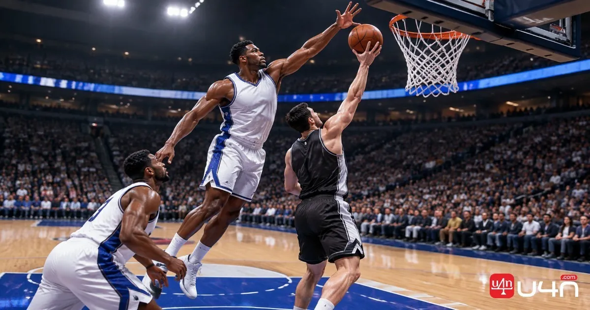 Basketball center protecting the rim and contesting a shot in a simulated game