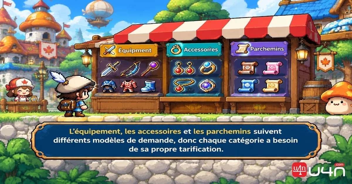 Équipement et parchemins de MapleStory Classic World présentés pour le commerce au Marché libre