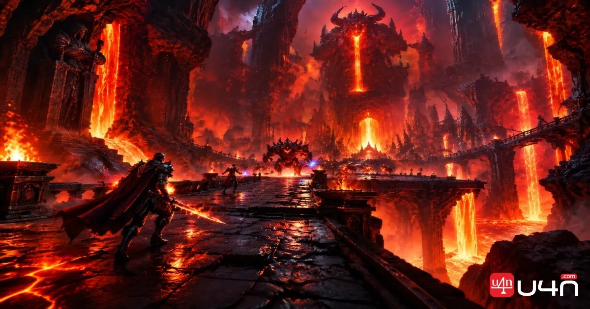 Aion 2 Fire Temple dungeon environment with volcanic architecture and lava-lit corridors