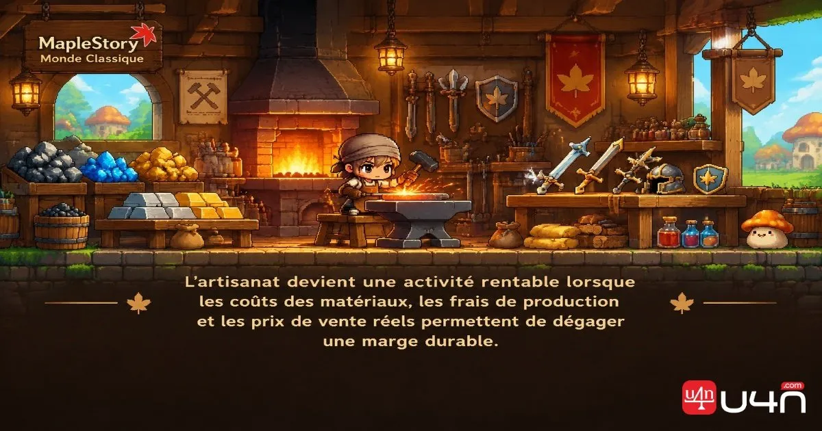 Un atelier de fabrication de MapleStory Classic World avec des minerais, des lingots et des équipements prêts à être produits et revendus