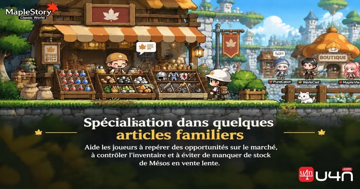 Un marchand de MapleStory Classic World organise ses matériaux et ses équipements pour gérer son stock et améliorer ses bénéfices commerciaux