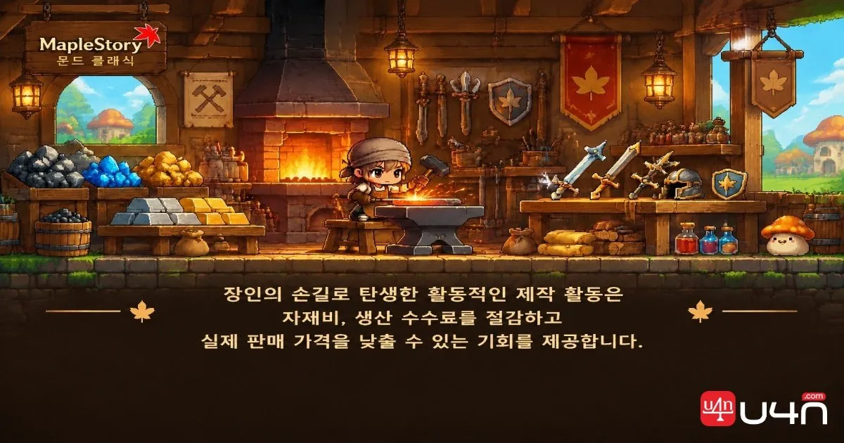 생산과 재판매를 위해 광석, 주괴, 장비가 준비된 MapleStory Classic World 제작 작업장