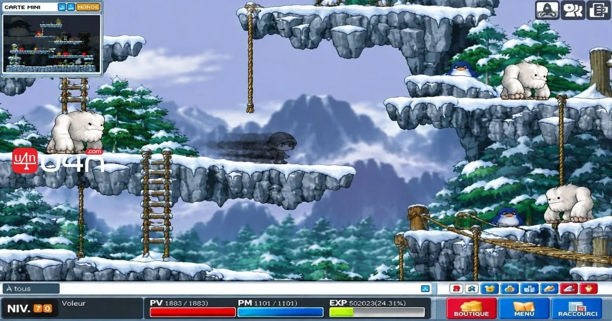 Voleur de MapleStory Classic World utilisant Dark Sight pour traverser une carte remplie de monstres