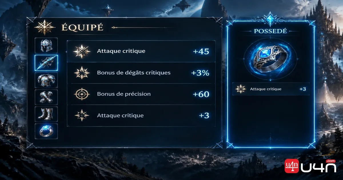 Aion 2 Golden Glow title stats showing Critical Attack, Critical Damage Boost, and Accuracy Bonus