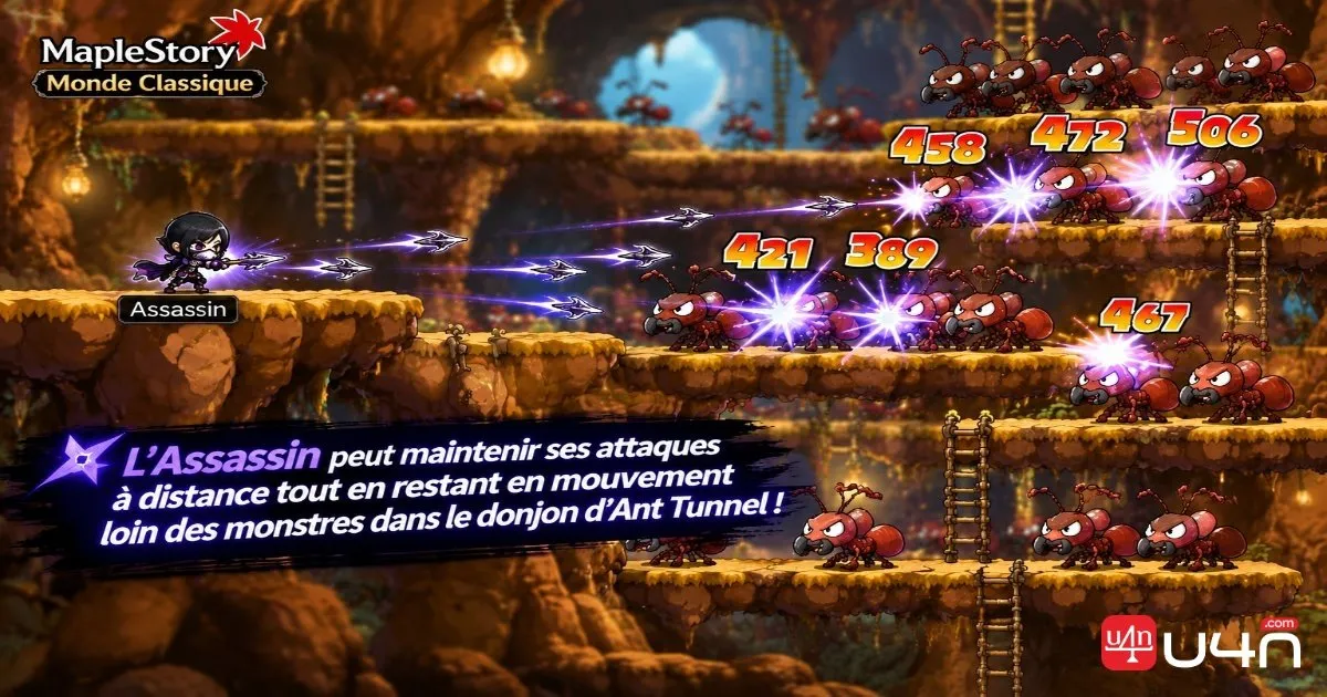 Un Assassin de MapleStory Classic élimine des monstres à distance dans le Tunnel des fourmis