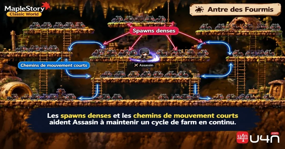 Forte densité de monstres et parcours de farm efficace pour un Assassin dans le Tunnel des fourmis de MapleStory Classic