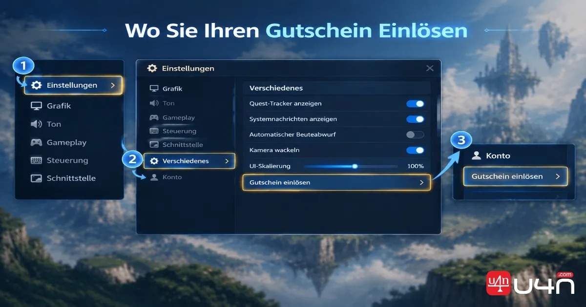 AION 2 Settings menu showing the Miscellaneous and Account coupon redemption path
