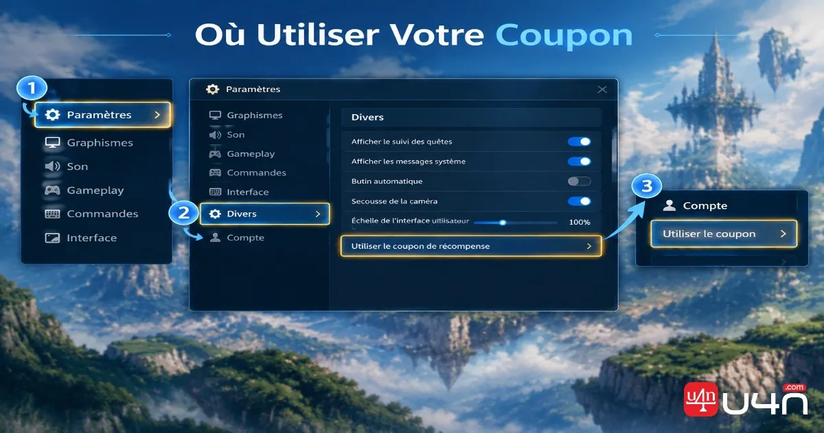 AION 2 Settings menu showing the Miscellaneous and Account coupon redemption path