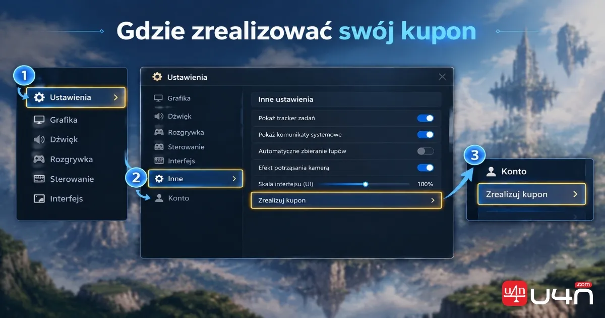 AION 2 Settings menu showing the Miscellaneous and Account coupon redemption path