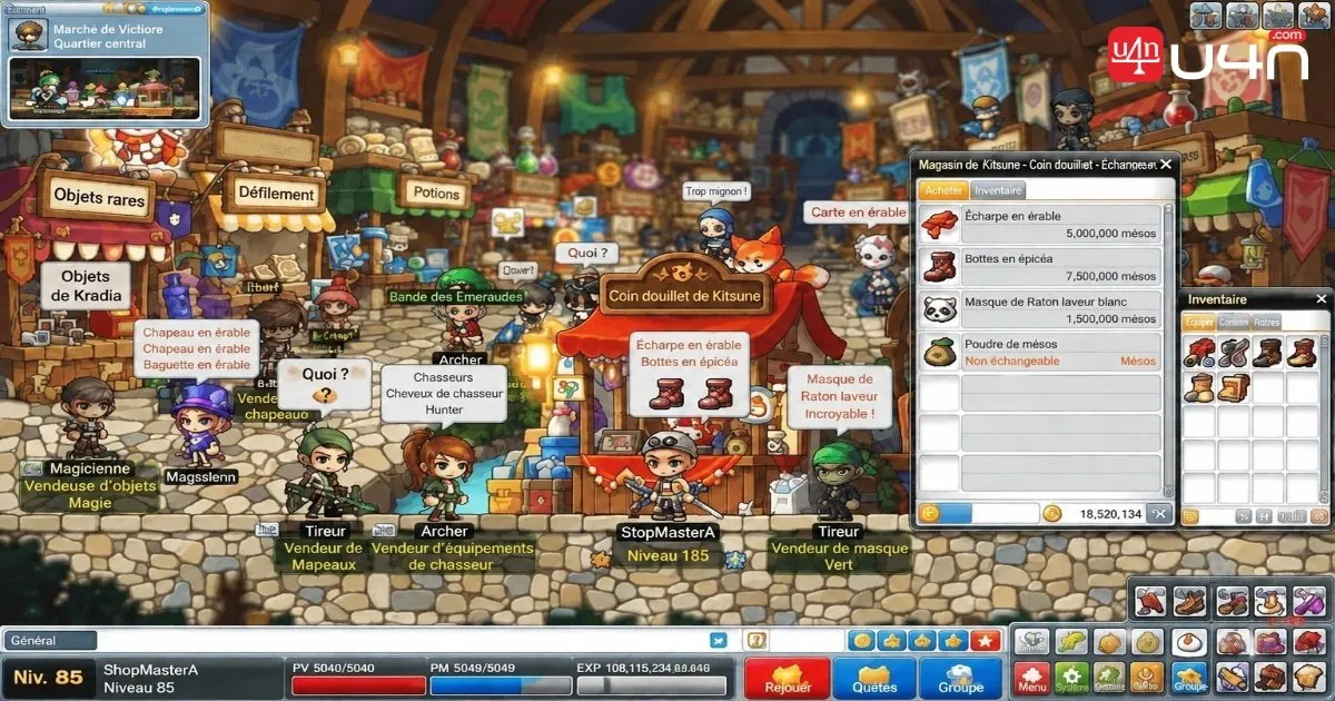 Marché libre de MapleStory Classic World où les joueurs échangent des objets cosmétiques contre des Mesos