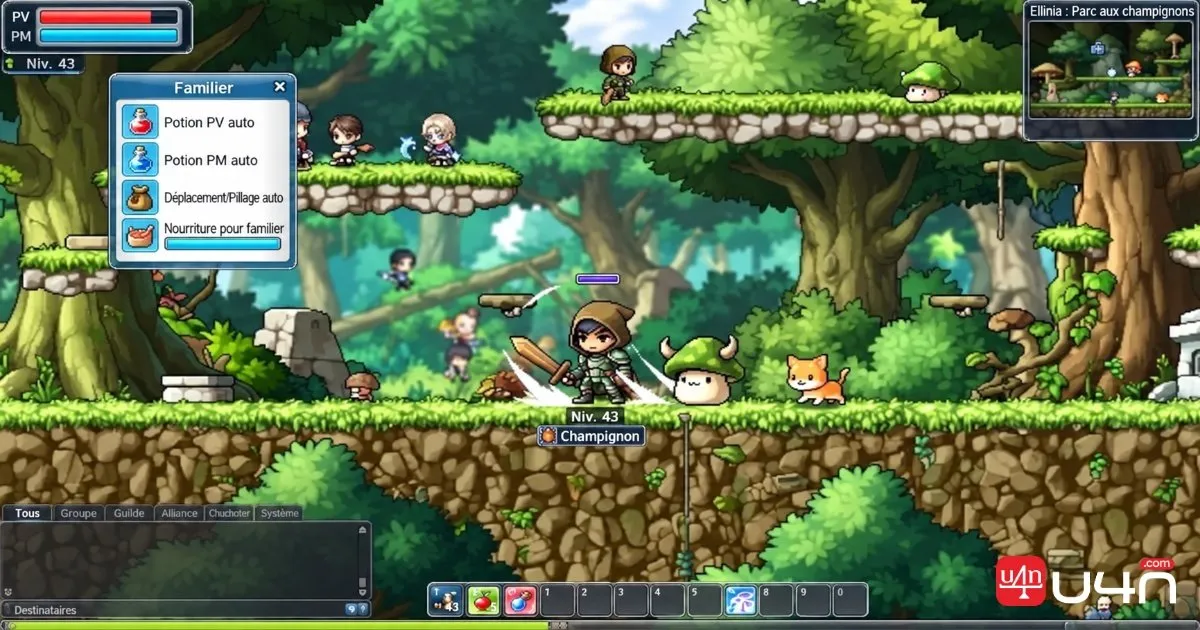 Personnage de MapleStory Classic World accompagné d'un familier avec potions de PV et de PM automatiques et fonctions de déplacement