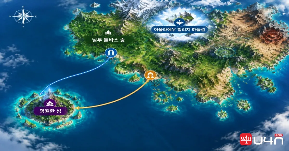 Aion 2 Verteron map showing Eternal Isle and its two Windstream access routes