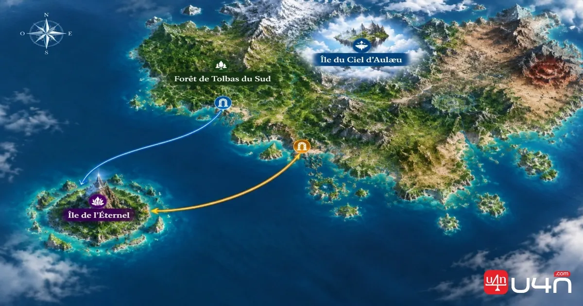 Aion 2 Verteron map showing Eternal Isle and its two Windstream access routes