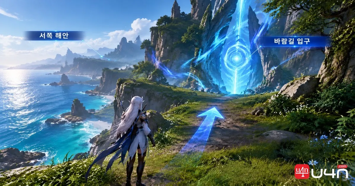 Aion 2 Southern Tolbas Forest western coastline with the blue Windstream entrance