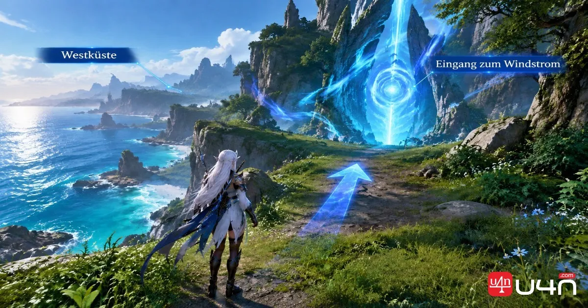 Aion 2 Southern Tolbas Forest western coastline with the blue Windstream entrance