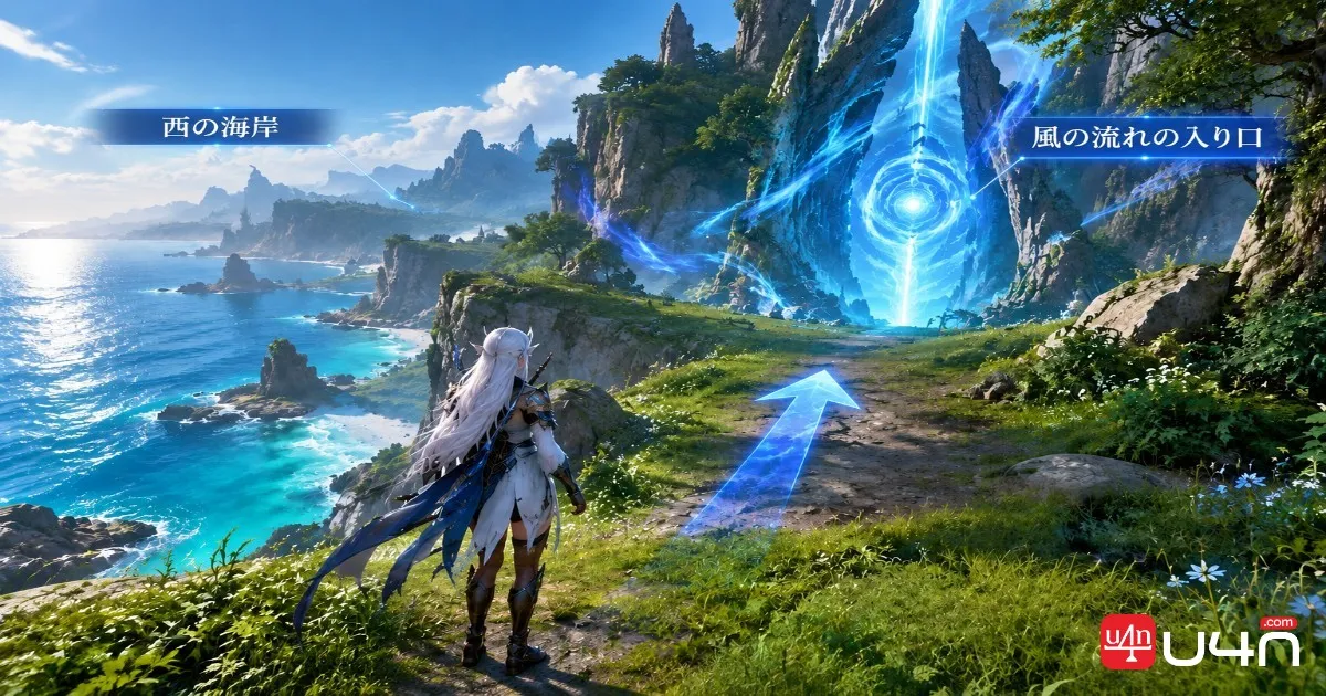 Aion 2 Southern Tolbas Forest western coastline with the blue Windstream entrance