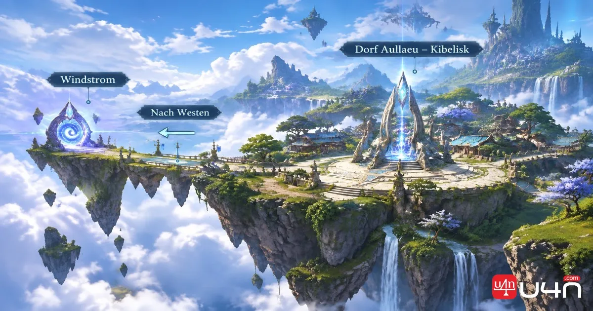 Aion 2 Aullaeu Village Sky Island showing the Kibelisk and western Windstream route