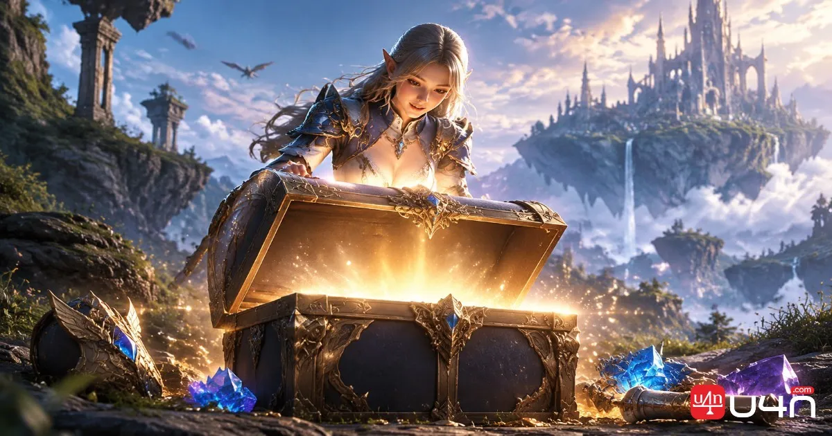 An Aion 2 adventurer opening a treasure chest with glowing rewards in a fantasy festival area