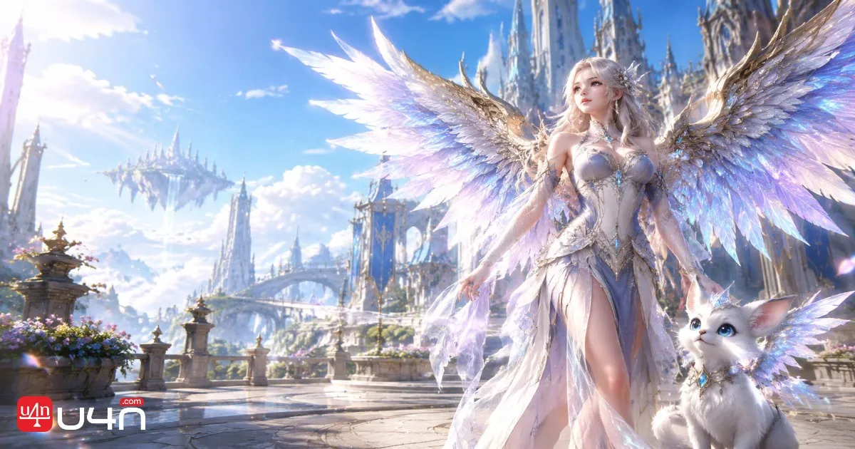 An Aion 2 character displaying decorative wings beside a pet companion in a fantasy city plaza