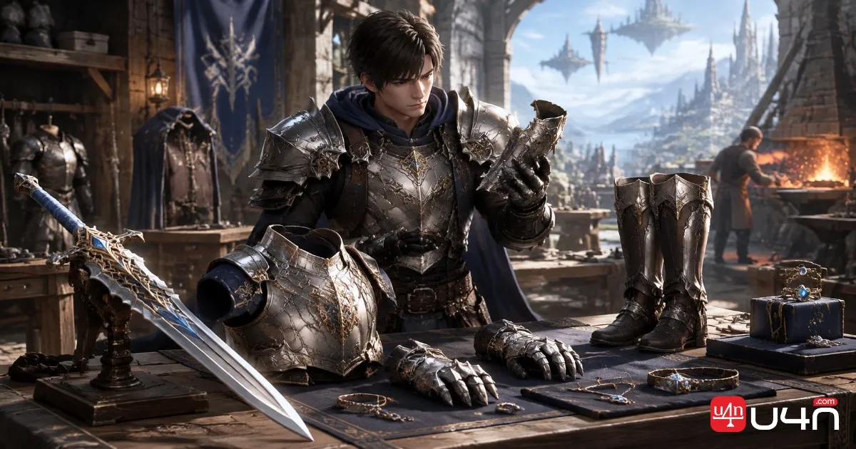 Aion 2 adventurer inspecting weapons armor and accessories before upgrading equipment