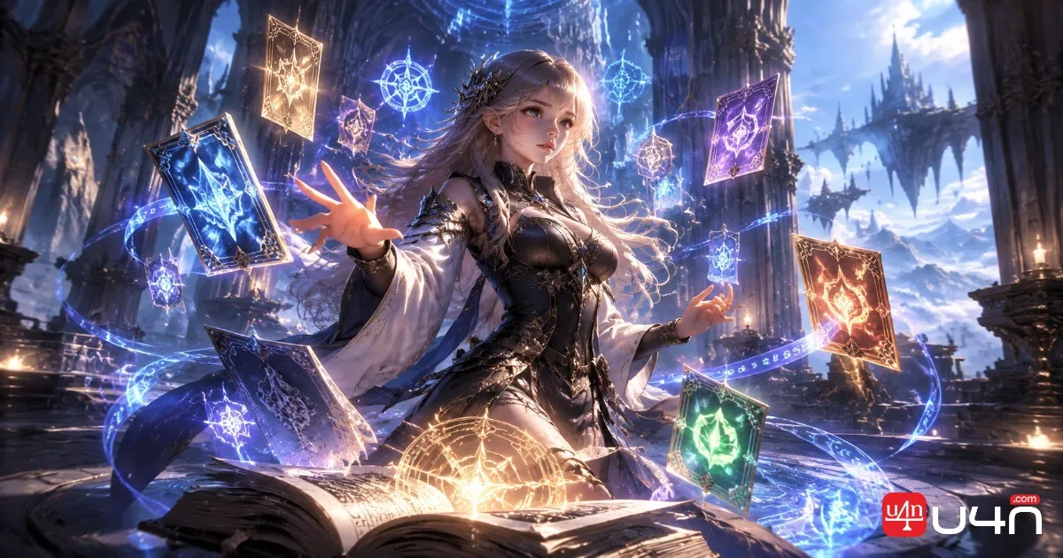 Aion 2 fantasy adventurers surrounded by magical runes and arcane cards in a mystical hall
