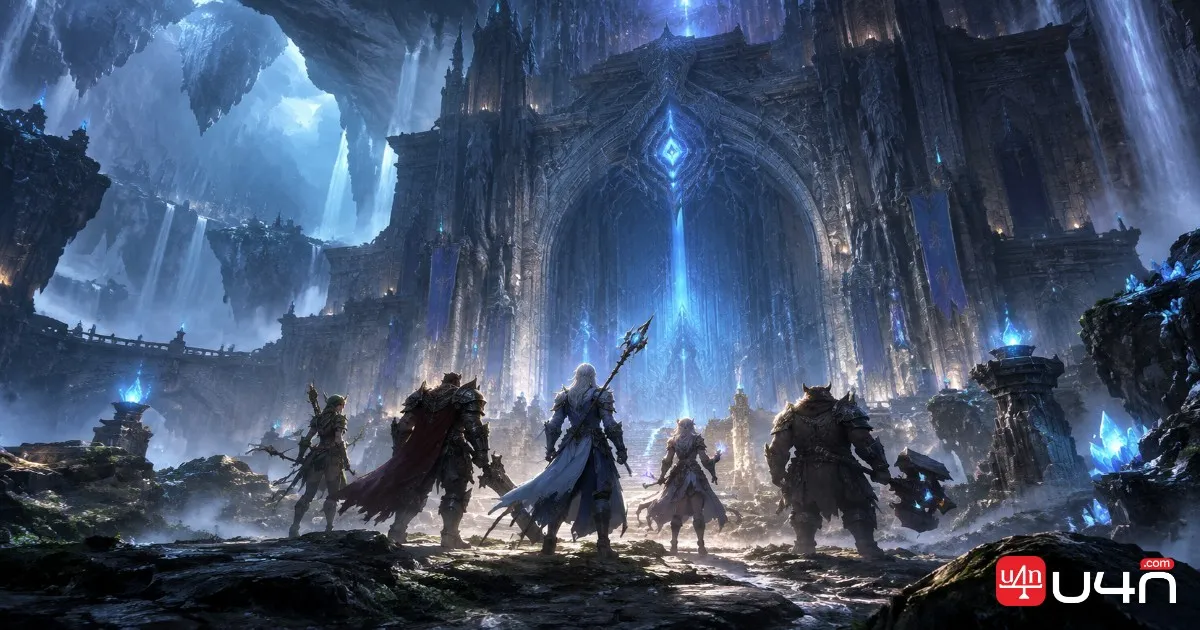 Aion 2 style adventuring party preparing to enter a challenging fantasy dungeon