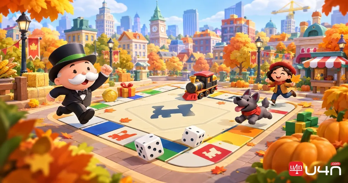 Monopoly GO Station Sprint event artwork featuring a colorful game board, dice, and seasonal rewards