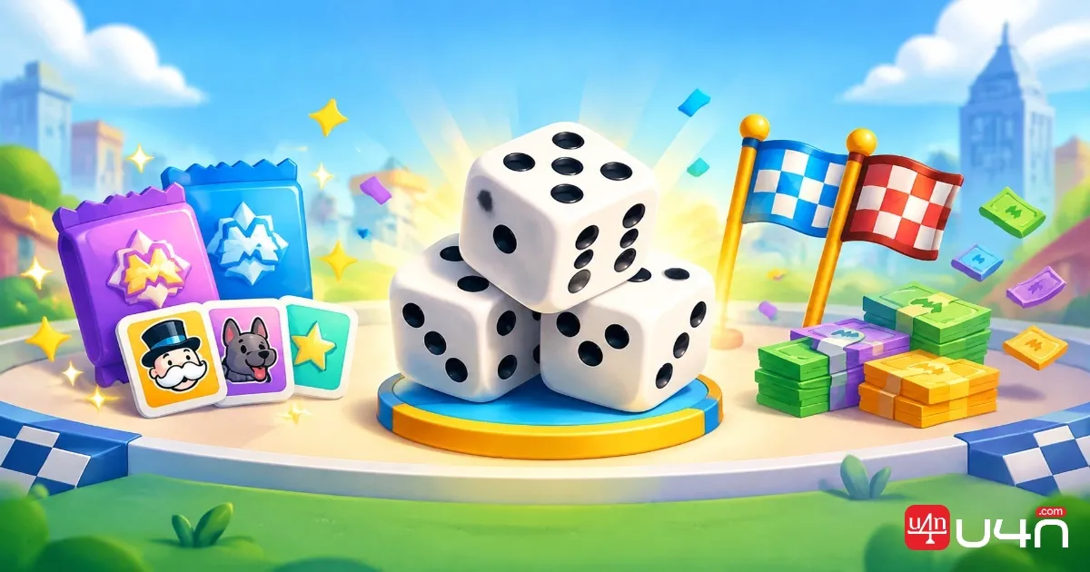 Monopoly GO dice, sticker packs, cash, and Flags representing Station Sprint milestone rewards