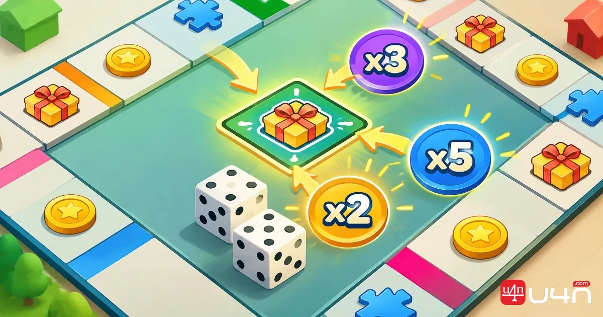 Monopoly GO-style game board showing collectible Pickup tiles and dice used to earn event points