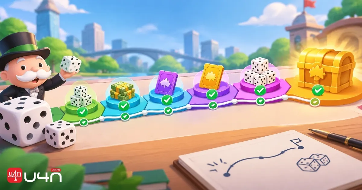 Monopoly GO-inspired milestone progression path with dice and reward checkpoints illustrating resource planning