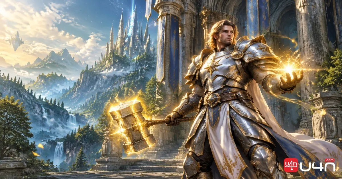 A WoW Forever Paladin in silver plate armor wielding a hammer infused with golden holy light