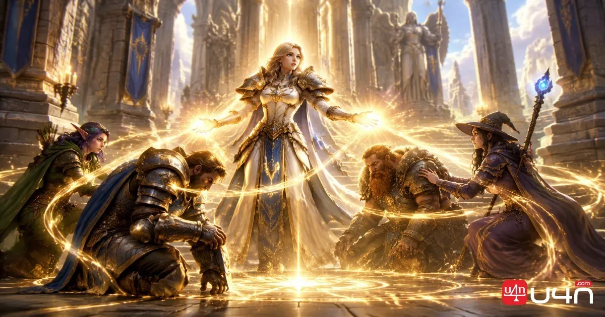 A Holy Paladin casting golden healing magic on injured allies in a fantasy setting