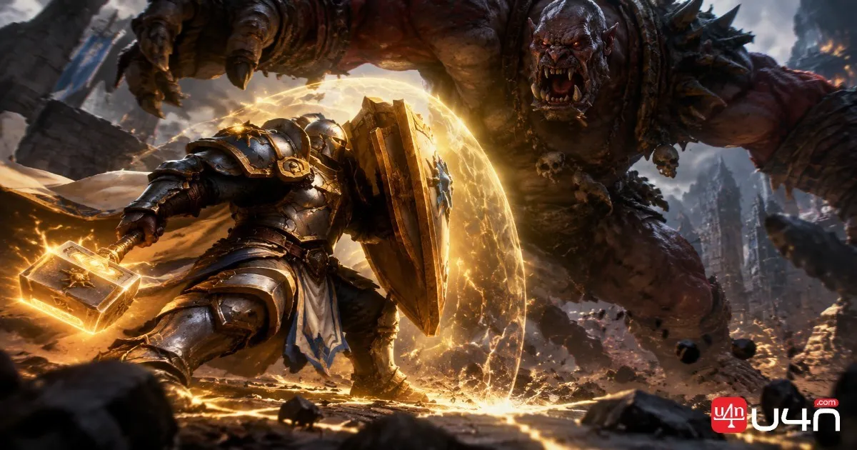 A Protection Paladin blocking a powerful monster attack with a shield surrounded by golden holy energy