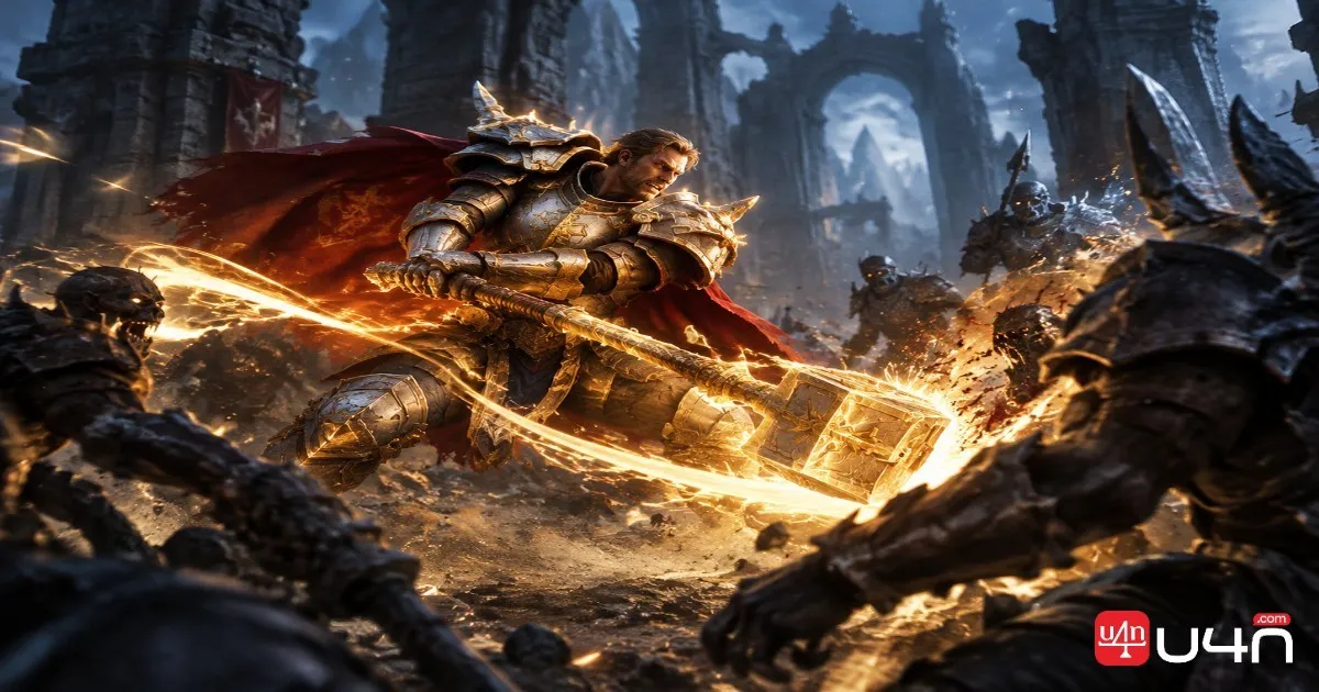 A Retribution Paladin swinging a glowing golden warhammer against dark fantasy enemies
