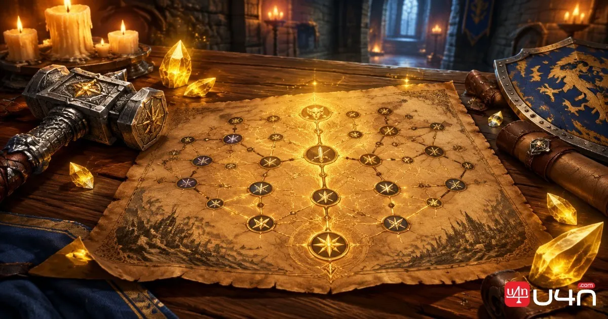 A fantasy Paladin talent planning scene with a parchment, glowing golden runes, a hammer, and a shield emblem
