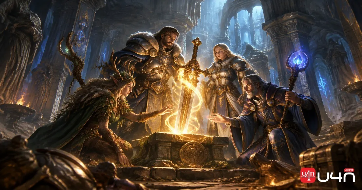 奇幻MMORPG冒險者身攜傳奇武器與護甲探索古老團隊副本神殿