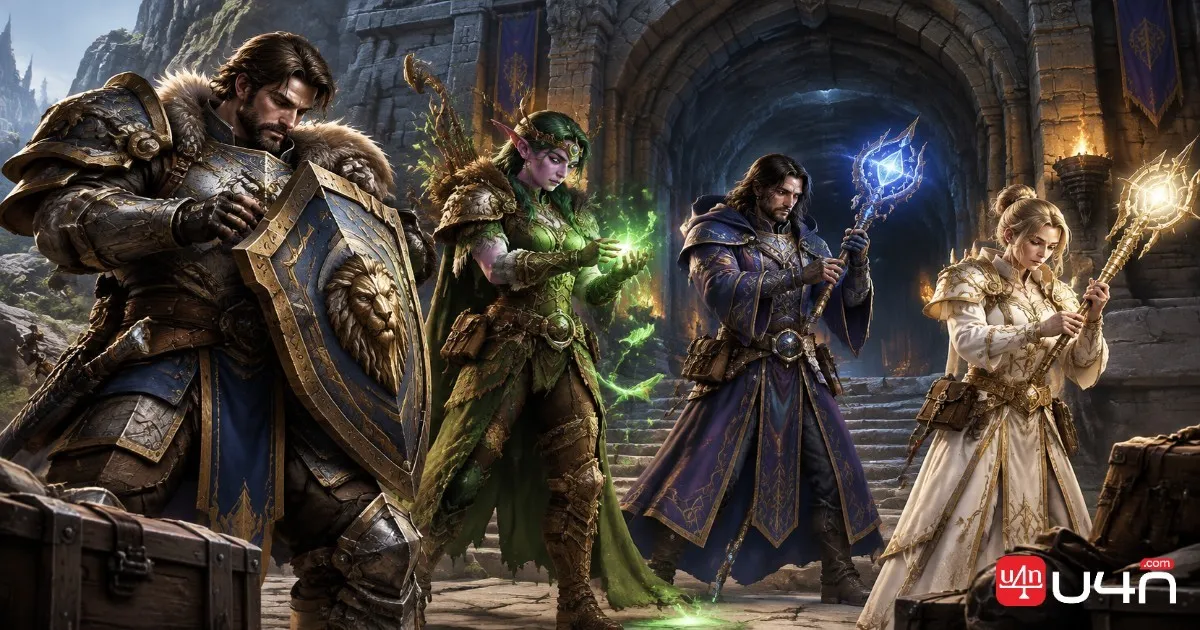 奇幻MMORPG戰士、德魯伊、法師與治療者在團隊副本開荒前整備武器防具