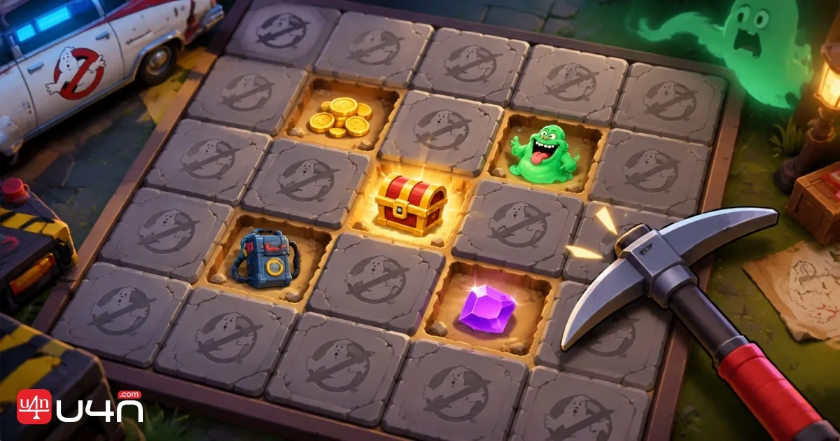 Monopoly GO treasure digging board with covered tiles, revealed spaces, and a pickaxe ready for use