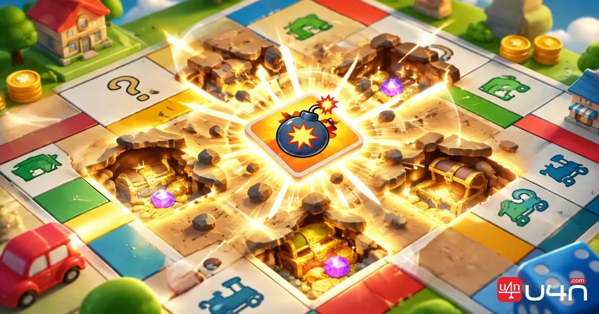 A colorful treasure grid with an explosive tile revealing nearby spaces in a cartoon puzzle game setting