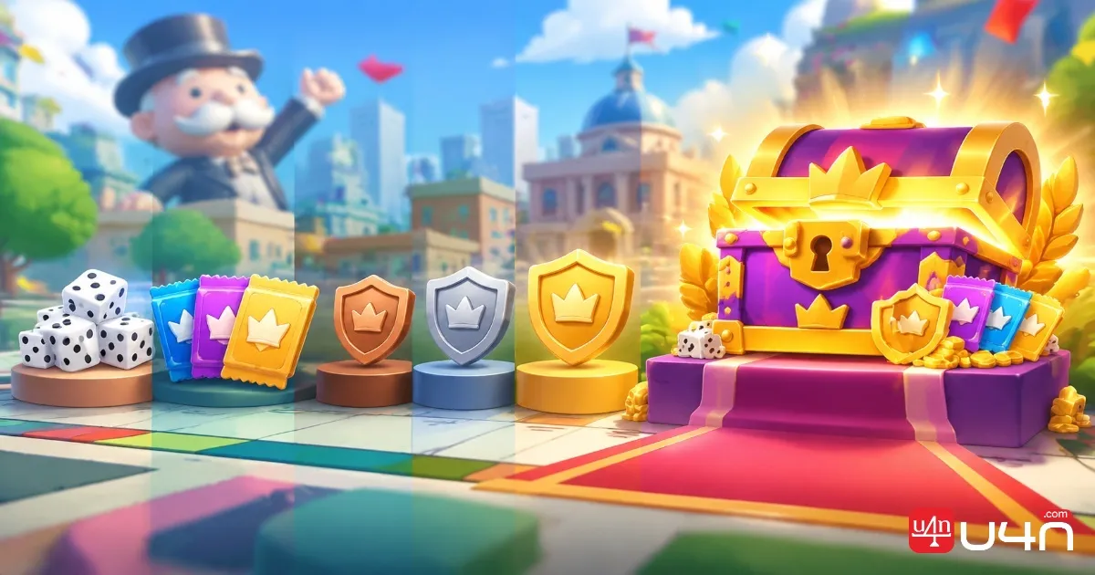 A collection of colorful board game rewards including dice, sticker packs, a themed shield, and a treasure chest