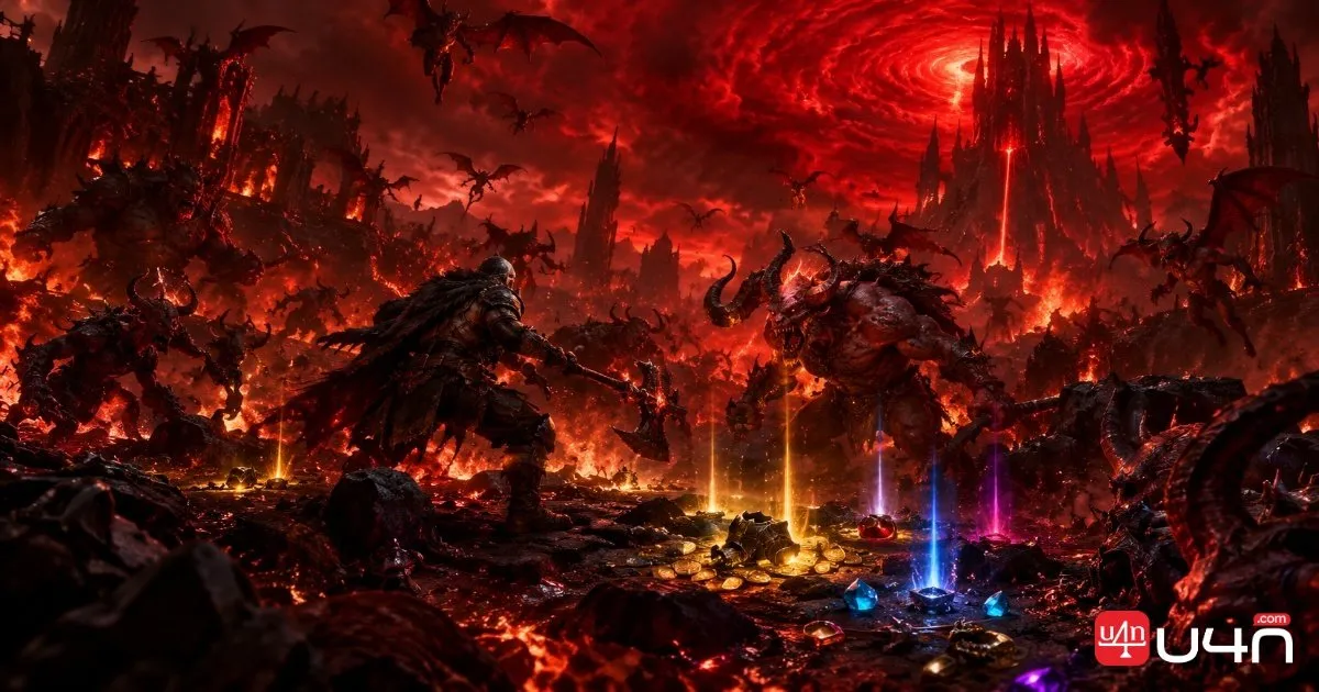 Diablo 4 Helltide battlefield with demons, glowing loot, and crafting materials