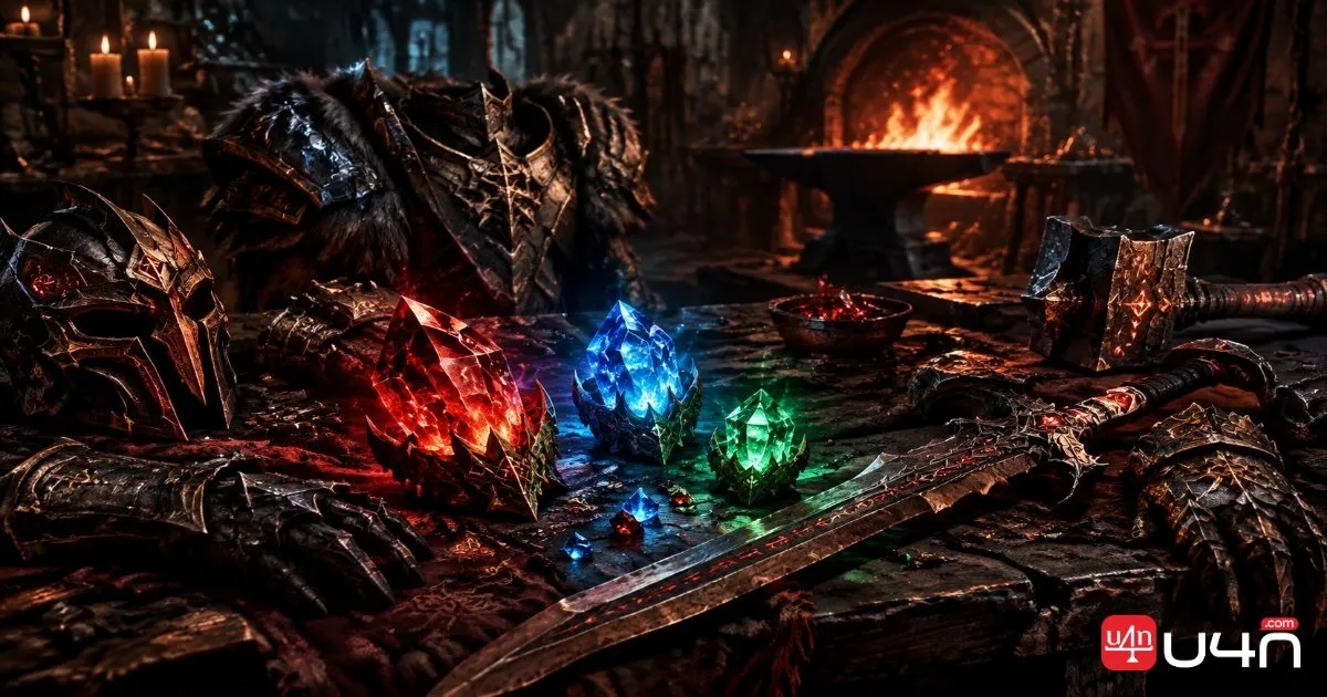 Glowing gems and legendary equipment in a dark Diablo 4 fantasy setting