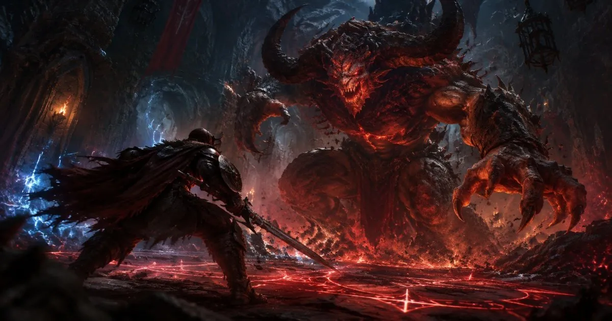 Diablo 4 hero battling a powerful demon boss in a dark dungeon