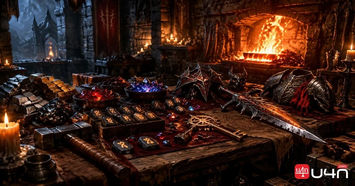 Diablo 4 crafting materials, runes, and equipment arranged for character progression